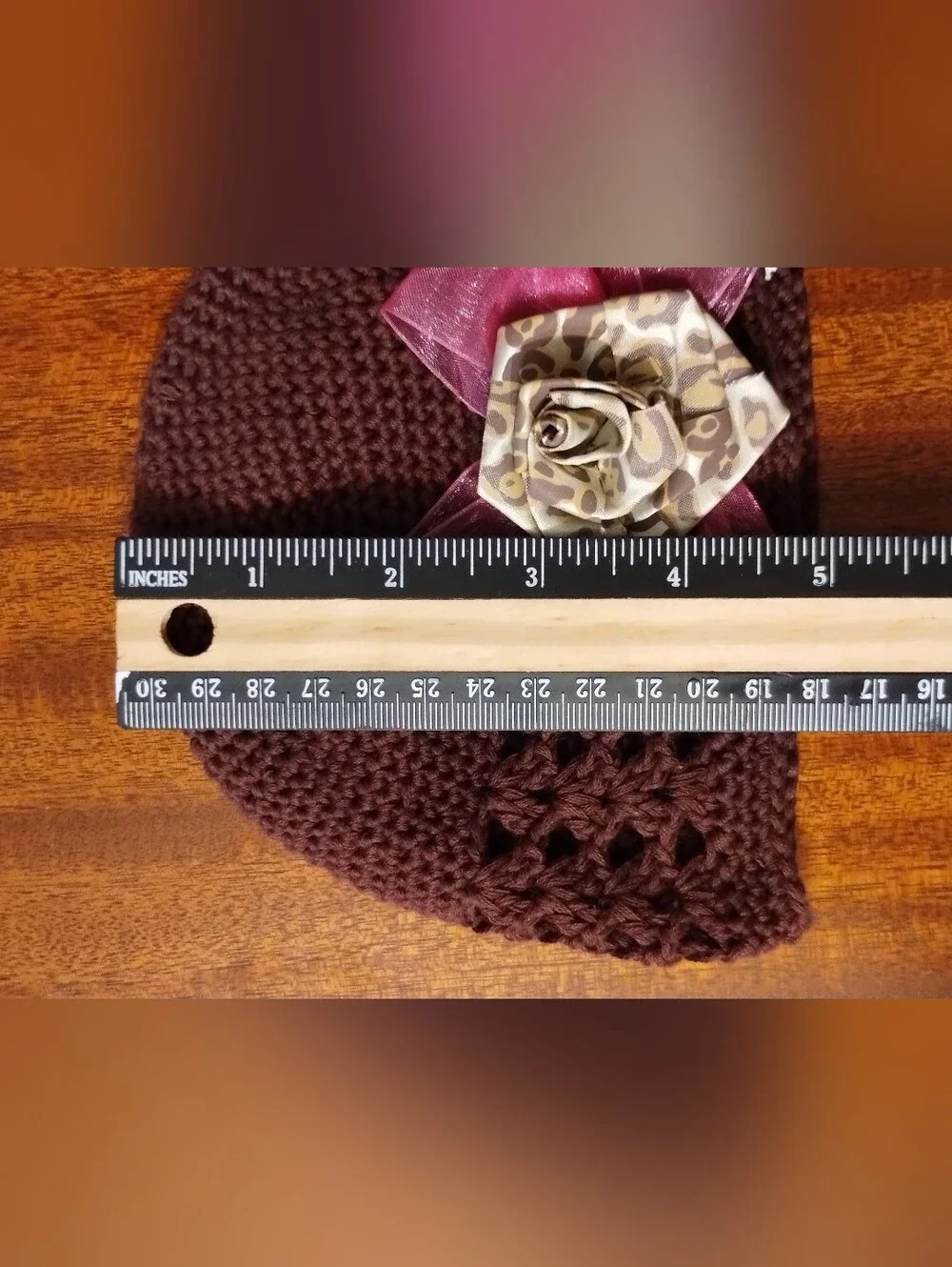 Baby Essentials 0-6 MTHS Brown Crochet Hat with Fabric Rose Accent